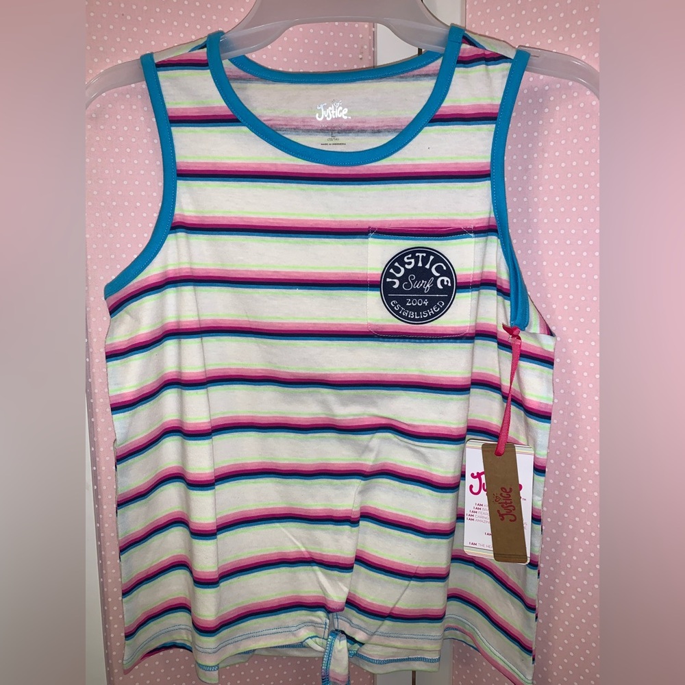 Girls size L 12-14 Tank justice brand. Trendy stripes. Pocket w justice surfLogo